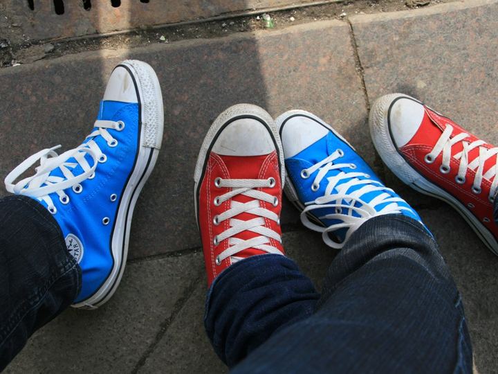 Red and blue Chuck Taylor All Star high-top sneakers