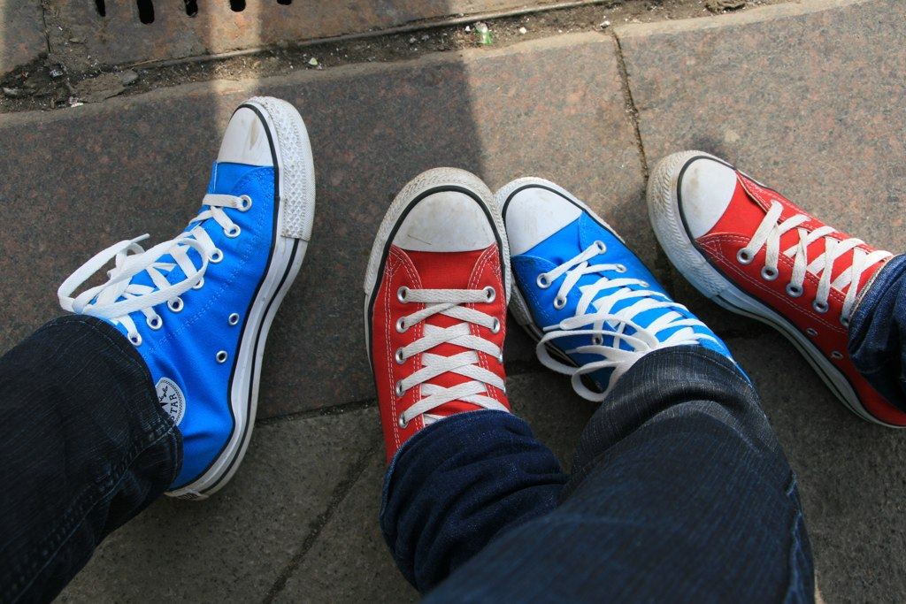 Red and blue Chuck Taylor All Star high-top sneakers