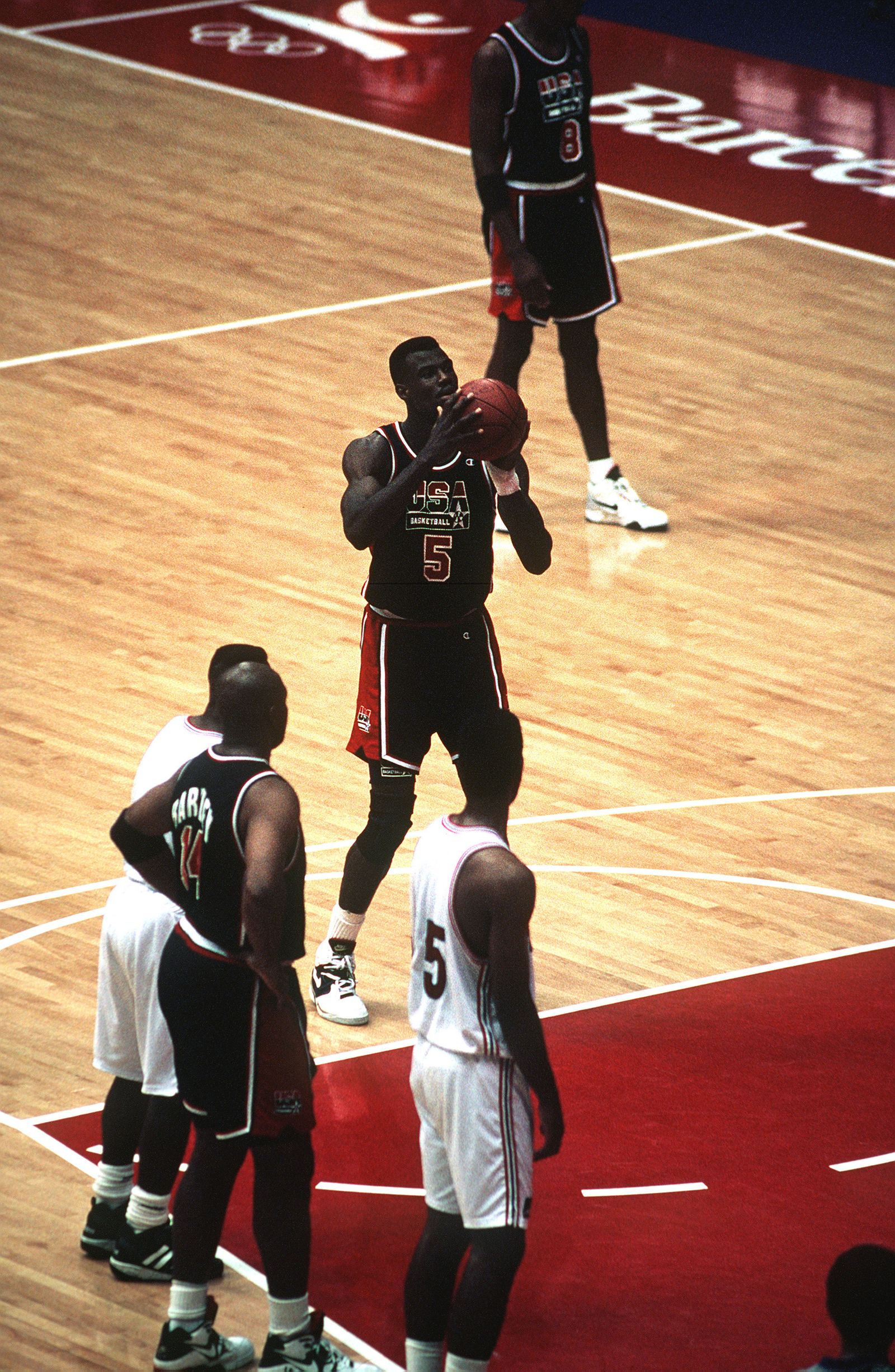 The United States basketball team on court at the 1992 Olympics in Barcelona