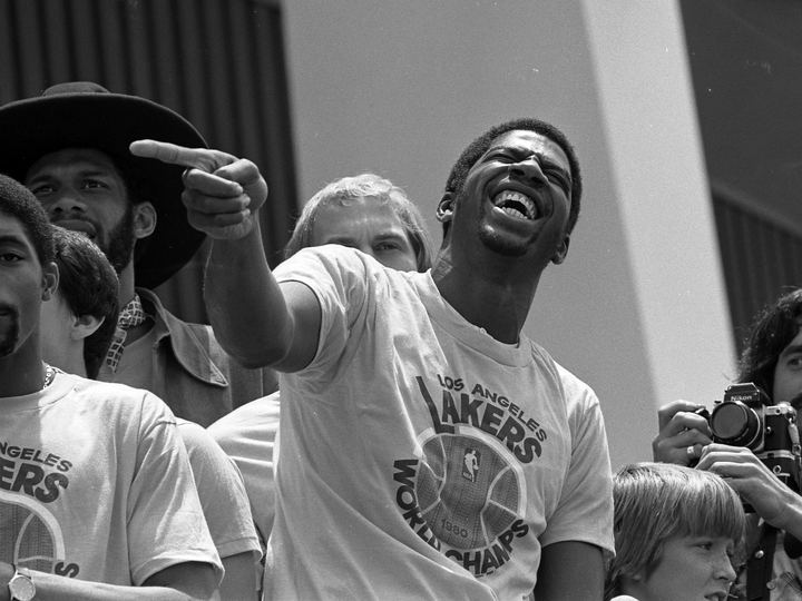 Magic Johnson celebrating at the Lakers 1980 championship rally