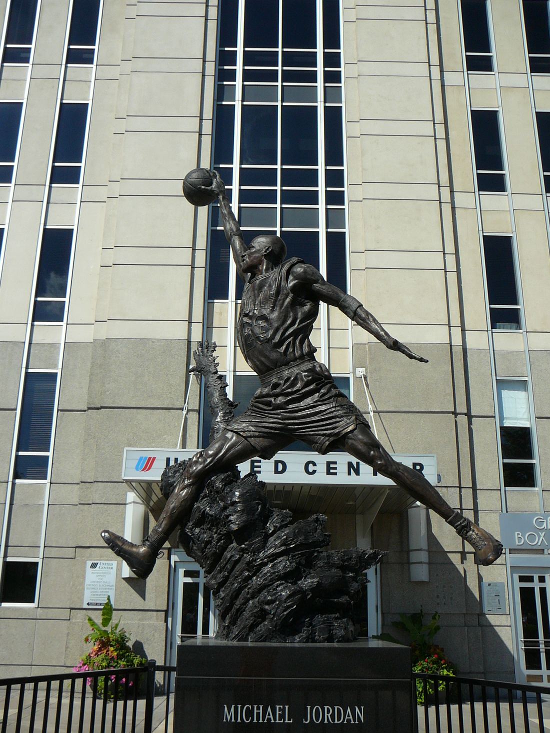 Bronze statue of Michael Jordan in mid-flight